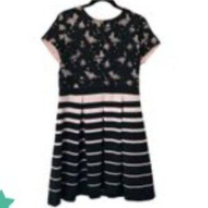 Black & Pink Floral Lace Top Striped Fit & Flare Dress W/ Zipper Back